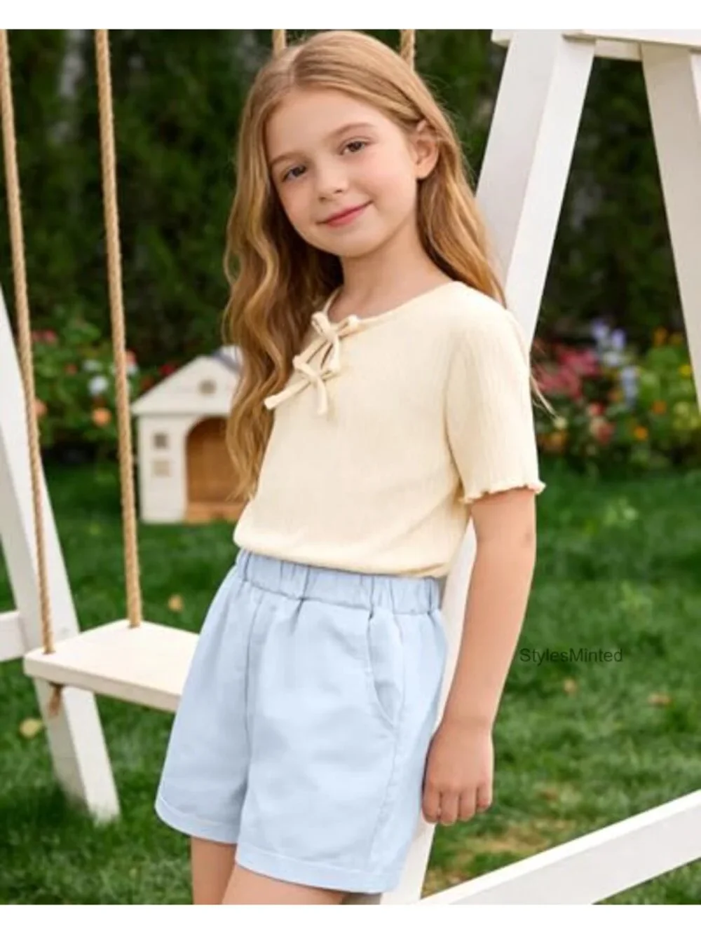Girls 2-Piece Outfit Ribbed Top Denim Shorts Set Bows Summer